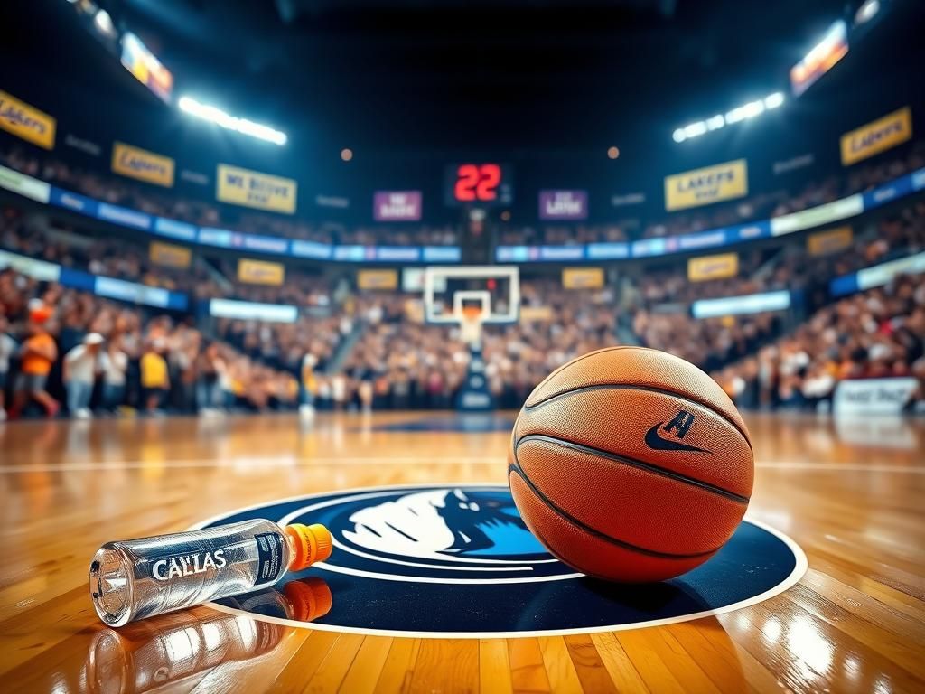 Flick International A well-worn basketball on the Dallas Mavericks court with supportive banners for Kyrie Irving in the background