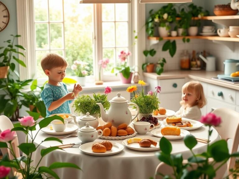 Flick International Cozy kitchen scene with a kids' garden tea party featuring colorful dishes and pastries