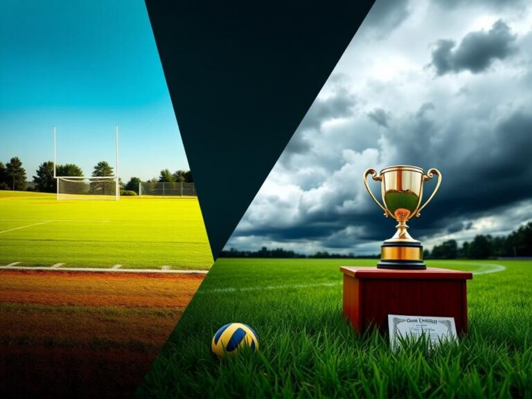 Flick International A split image of a college sports field on one side and an ominous sky on the other, with a trophy on a podium in the foreground.