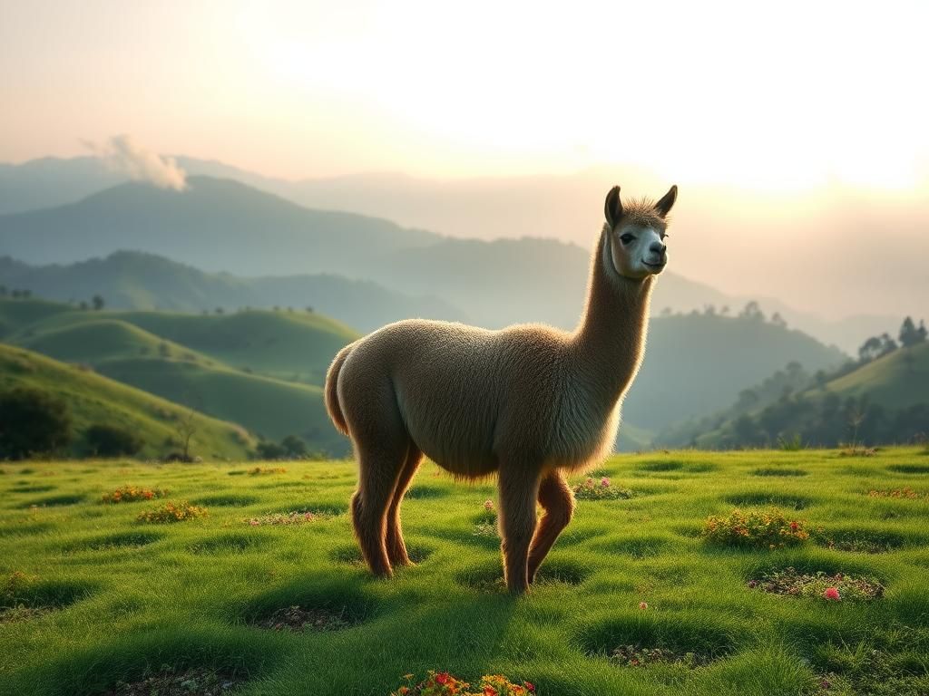 Flick International A serene alpaca grazing in a lush Peruvian landscape