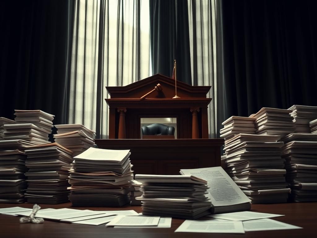 Flick International Dramatic courtroom scene featuring a judge's bench and sealed legal documents