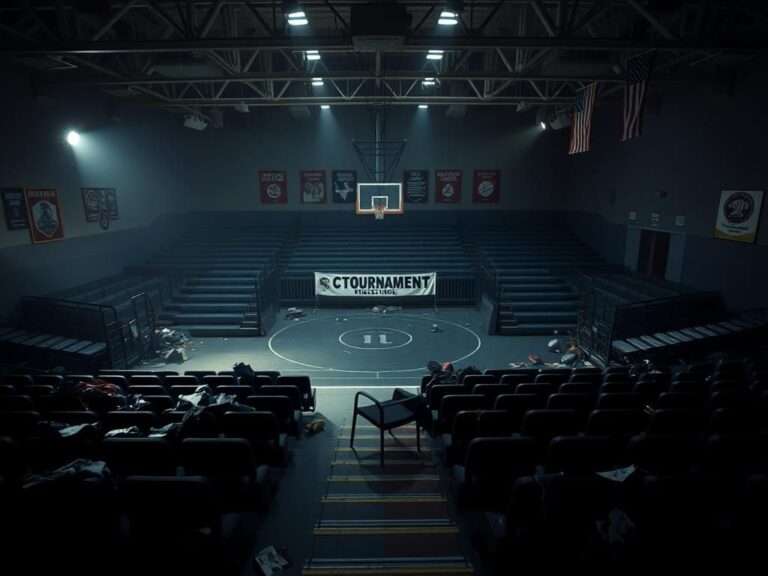 Flick International Empty high school gymnasium after wrestling brawl with scattered sports equipment and fallen chair