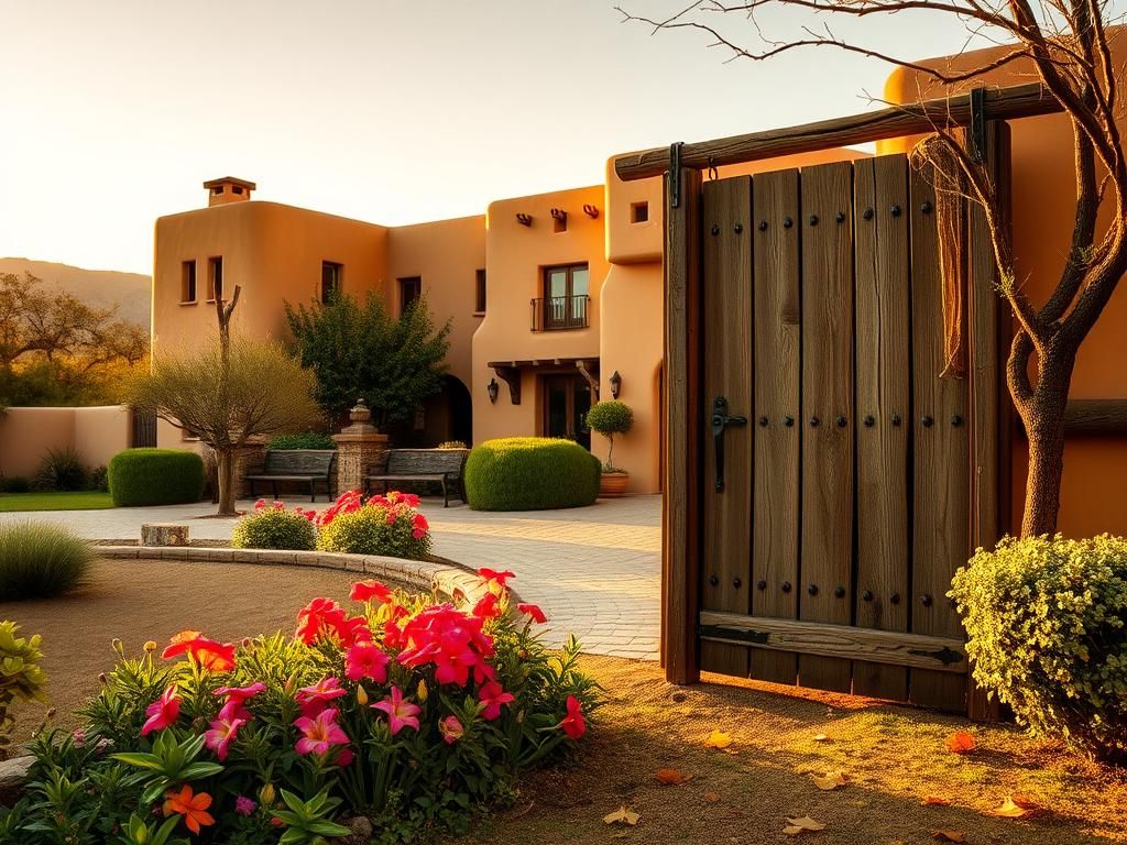 Flick International Serene view of a luxurious adobe-style home in Santa Fe, New Mexico at sunset