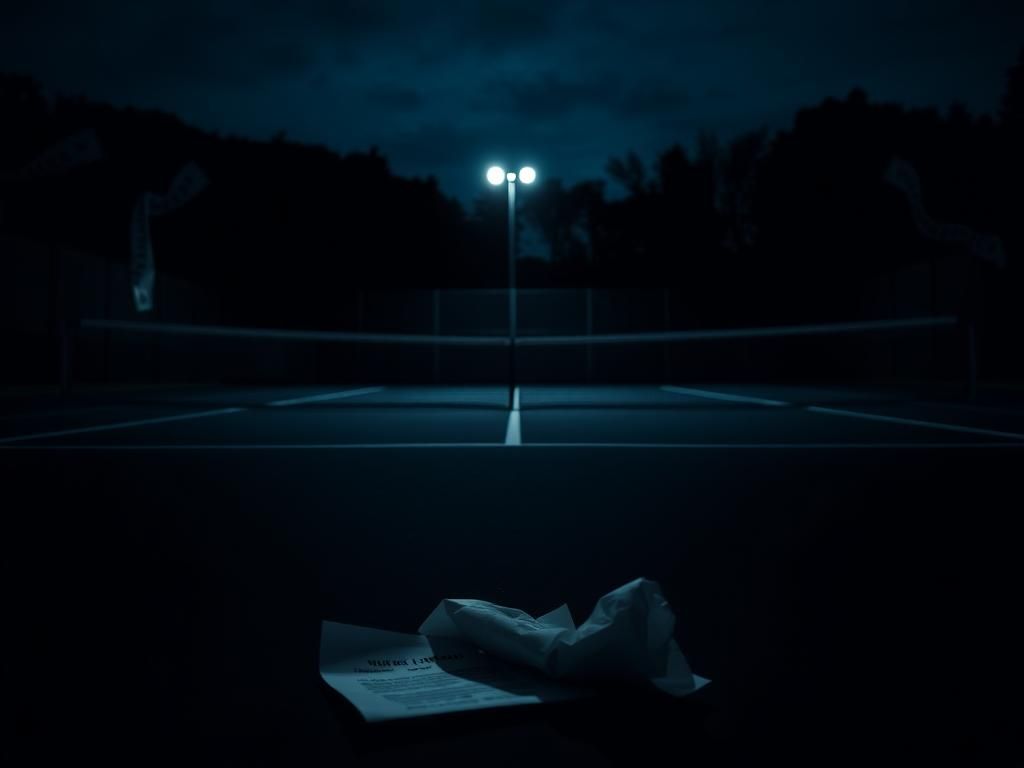 Flick International Empty dark tennis court at dusk with an eerie spotlight on the net