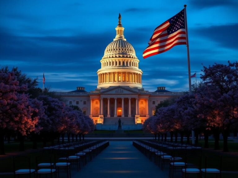 Flick International Grand exterior view of the U.S. Capitol building lit against a twilight sky