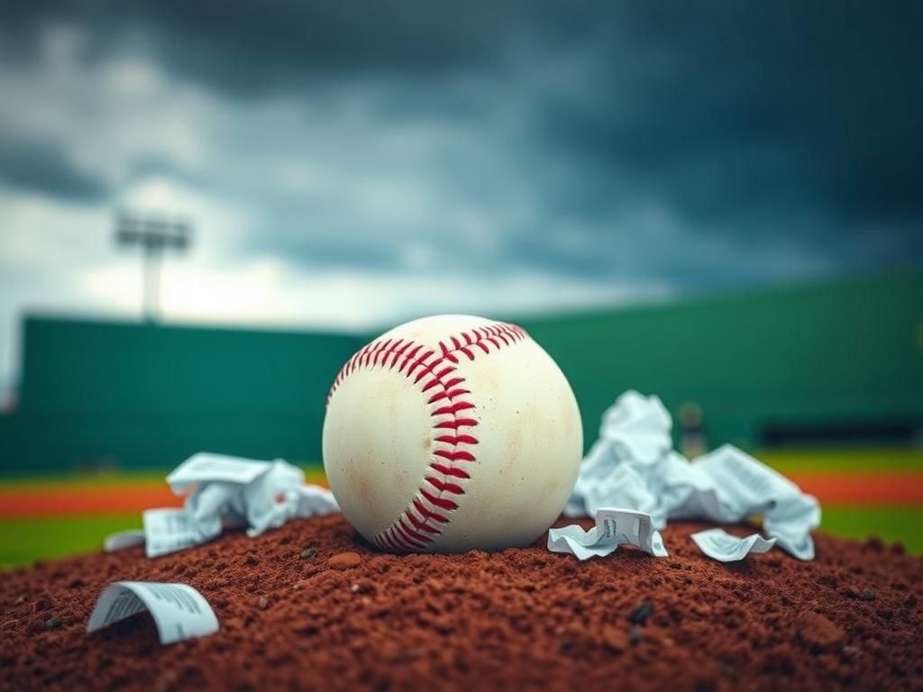 Flick International A close-up of a baseball on a pitcher's mound amidst crumpled contract offers, symbolizing contract negotiation drama.