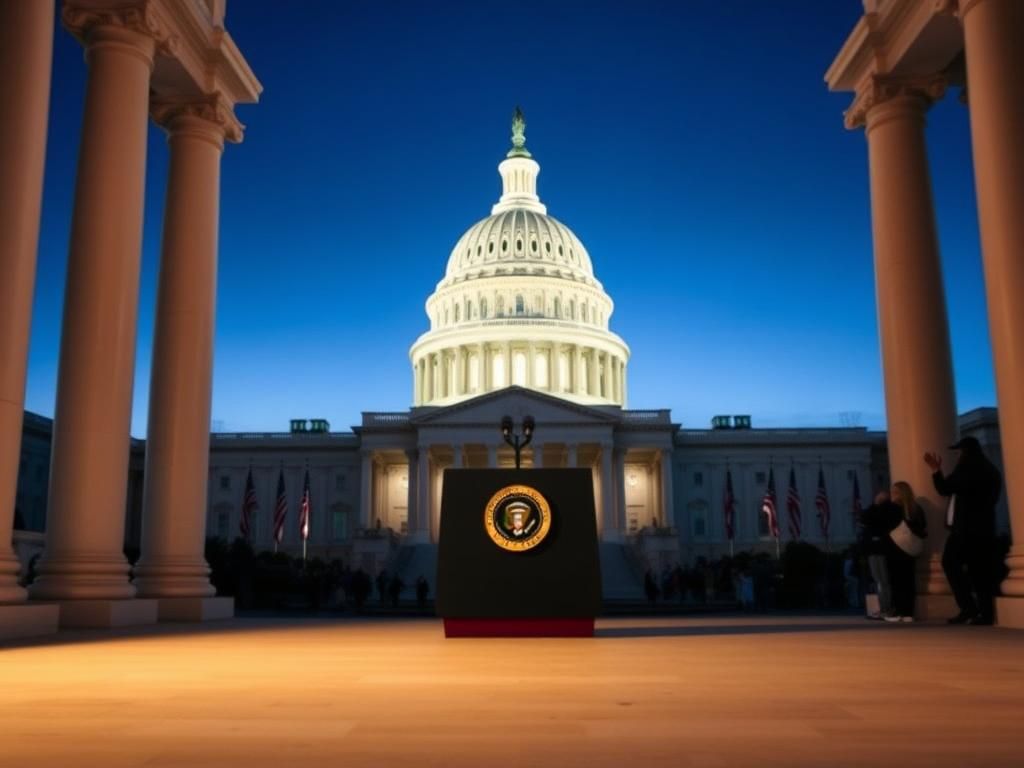 Flick International Dramatic view of the United States Capitol building at twilight with illuminated dome