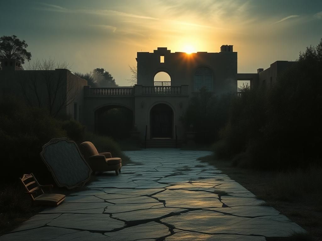 Flick International An eerie scene of a sprawling, abandoned estate in Santa Fe with crumbling architecture and overgrown vegetation