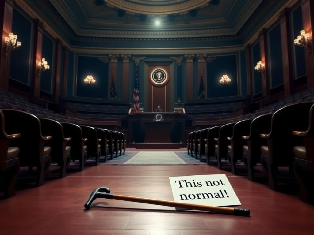 Flick International Dimly lit congressional chamber with empty seats and abandoned cane on the floor