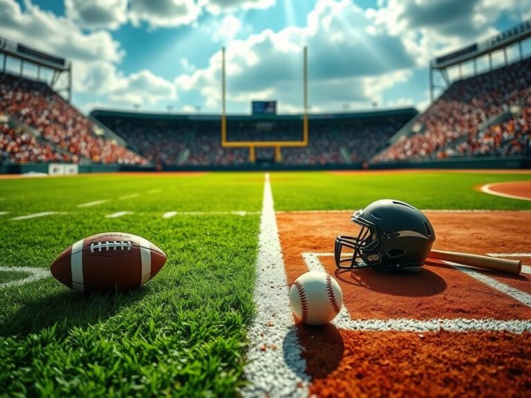 Flick International Dynamic scene of a two-way athlete on a split football and baseball field