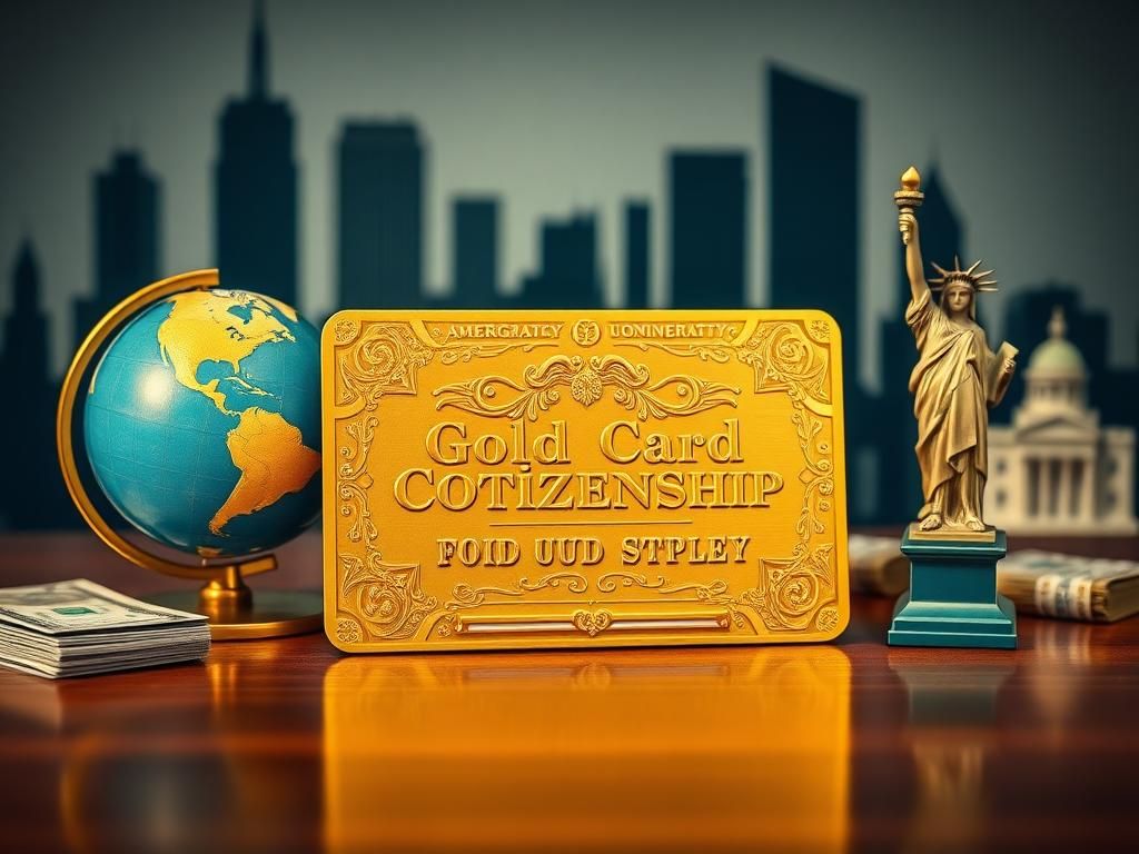 Flick International Close-up of a luxurious gold card for citizenship on a polished wooden desk