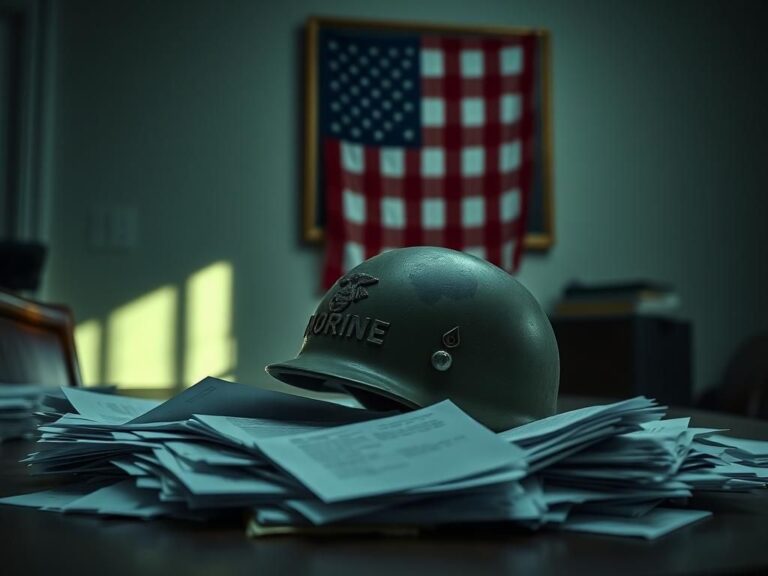 Flick International Marine Corps helmet on a stack of abandoned paperwork symbolizing veteran struggles