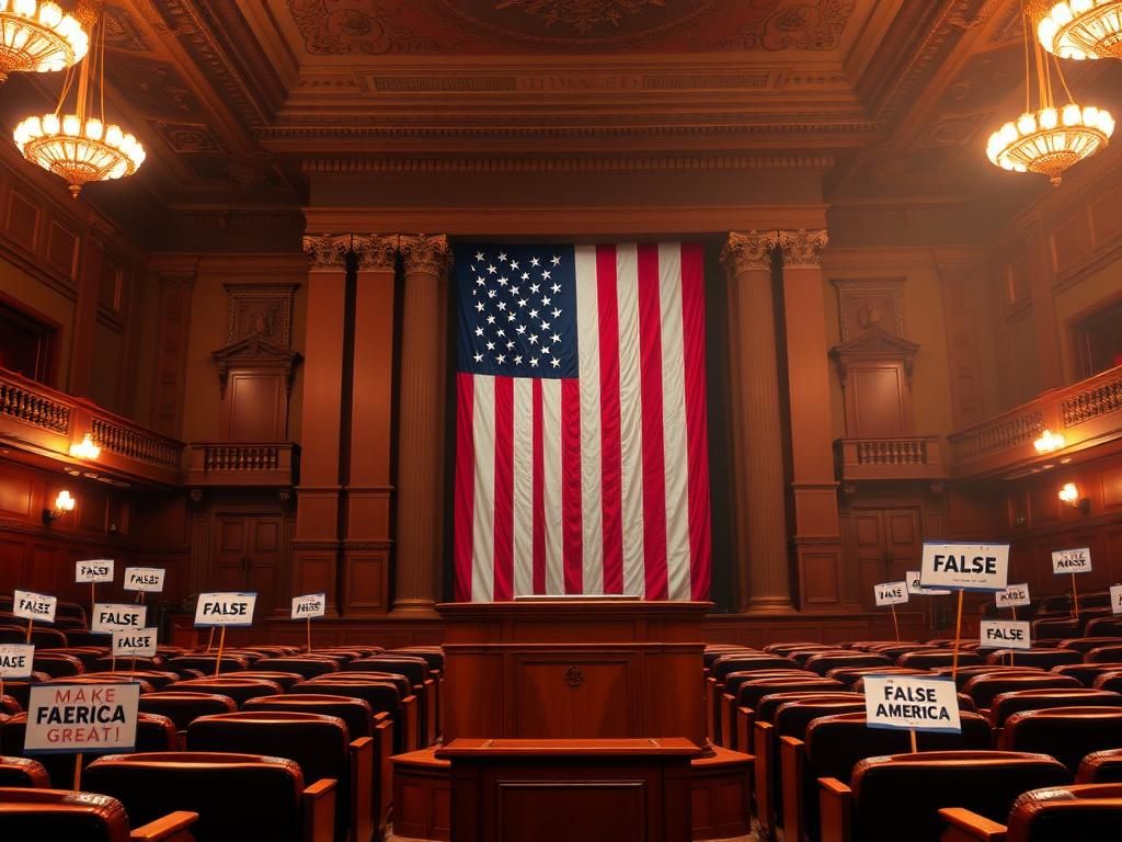 Flick International Empty congressional chamber with a polished podium and American flag, symbolizing patriotism