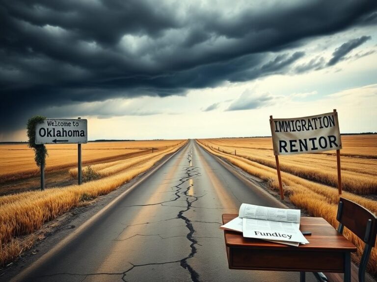 Flick International A cracked road leading to the horizon under a stormy sky with political posters and an abandoned classroom desk