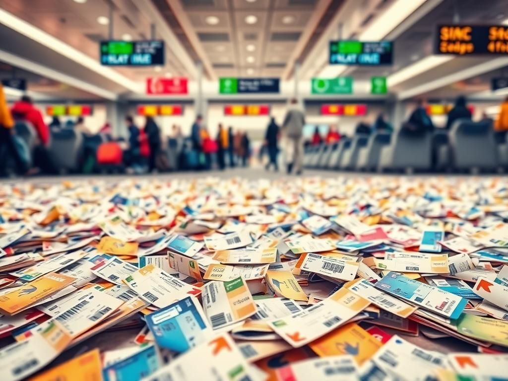 Flick International Busy airport gate scene illustrating confusion with airline boarding passes scattered