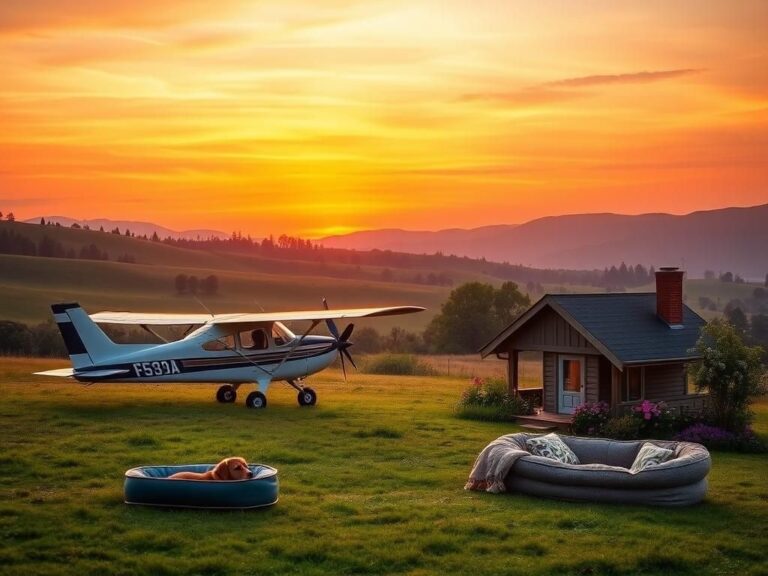 Flick International Vintage two-seater airplane parked in a serene sunset landscape