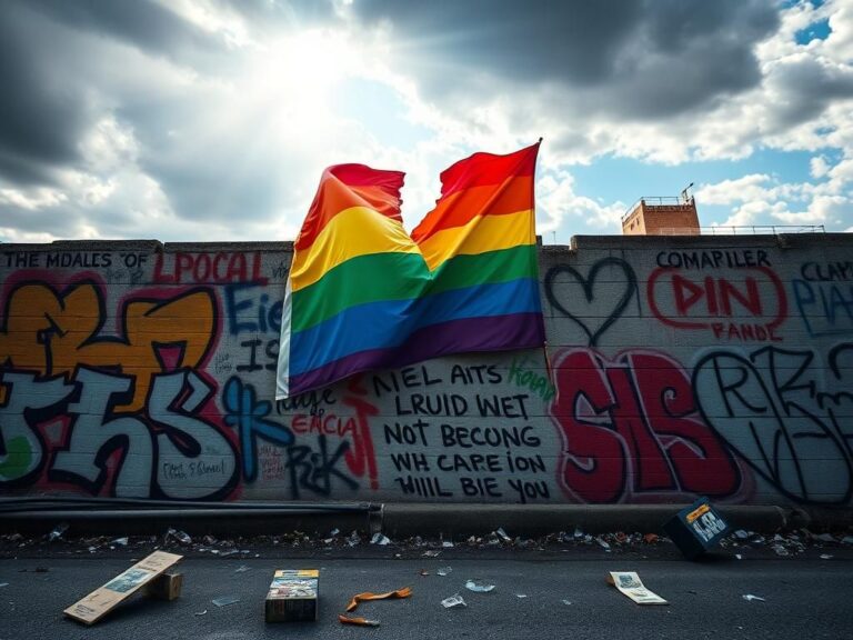 Flick International A vibrant urban scene showcasing a partially torn pride flag against a graffiti-covered wall