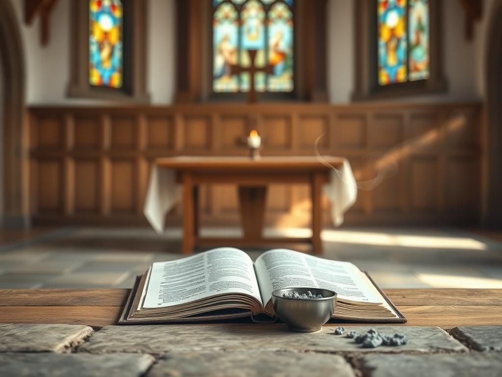 Flick International Tranquil church interior with wooden altar and lit candle