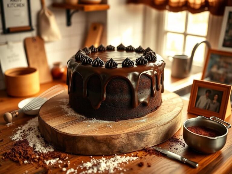 Flick International A beautifully styled devil's food cake on a kitchen countertop