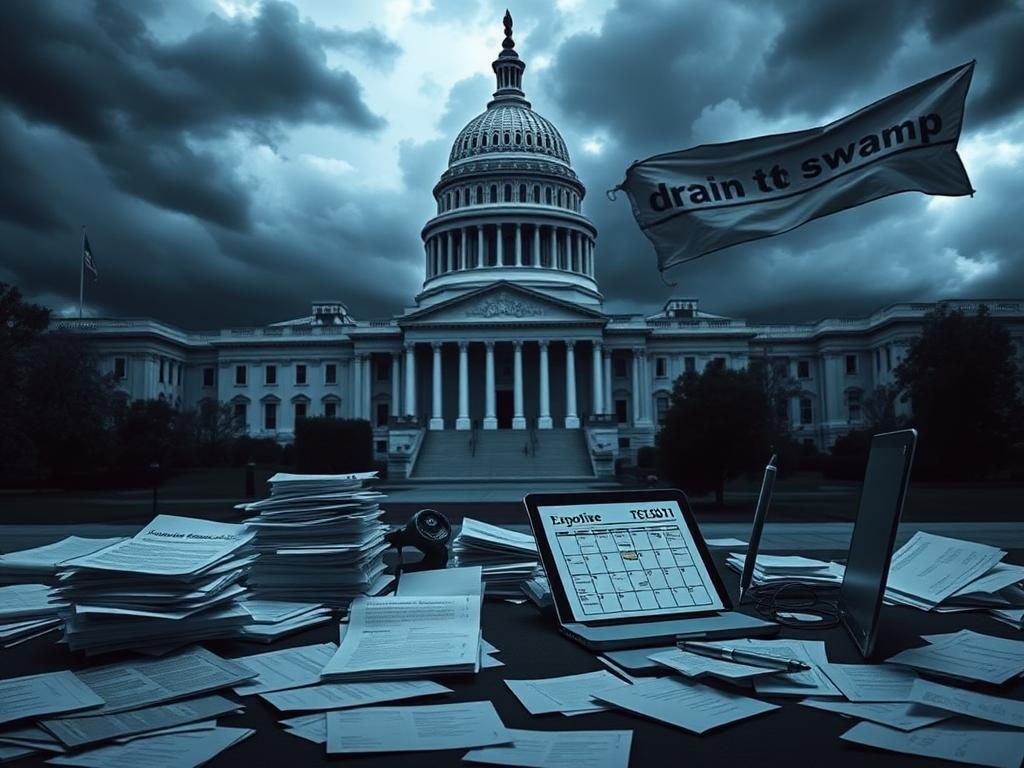 Flick International A dramatic view of the U.S. Capitol building under a stormy sky, with an empty office space in the foreground