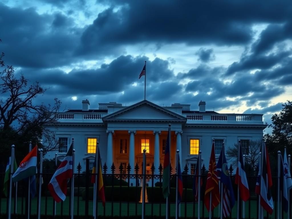 Flick International Exterior view of the White House at dusk with flags waving