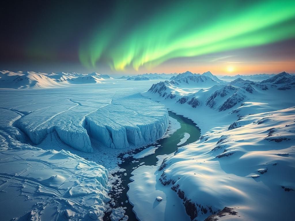 Flick International Aerial view of Greenland's icy landscape with northern lights