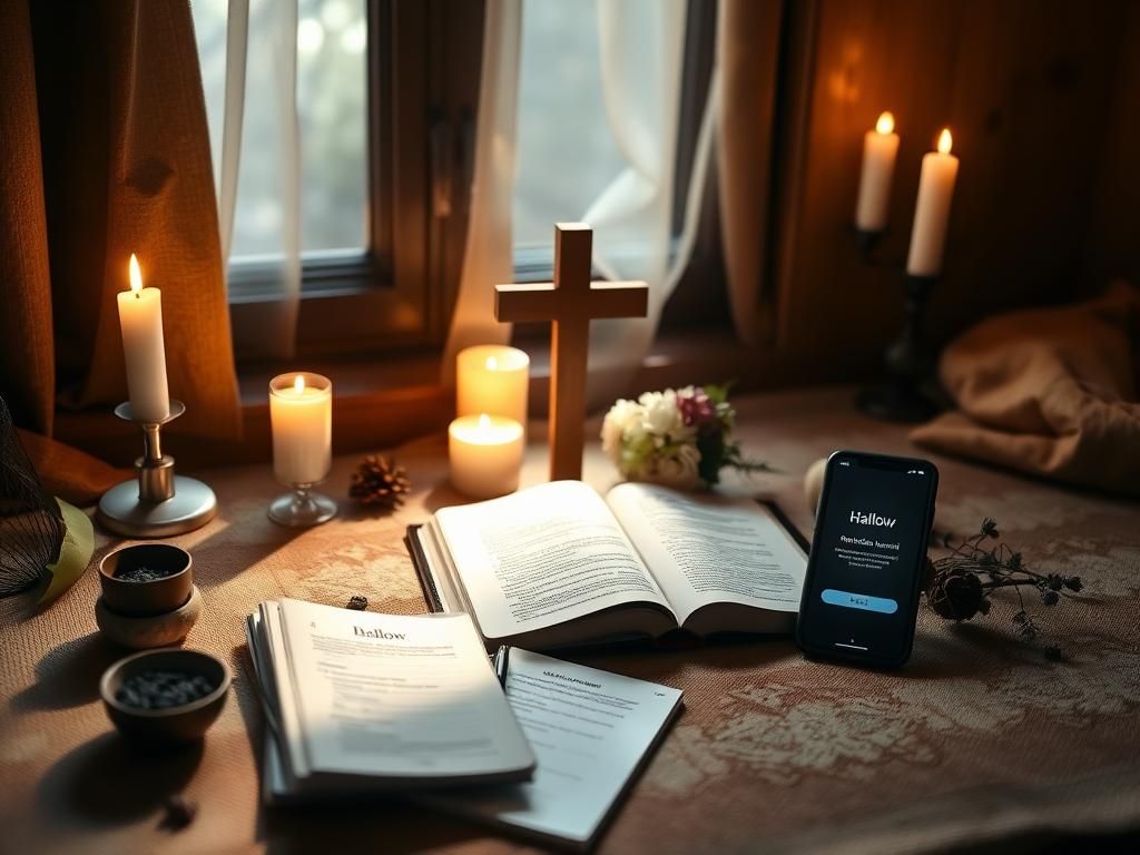 Flick International Cozy prayer space with candlelight and Hallow app interface during Lent