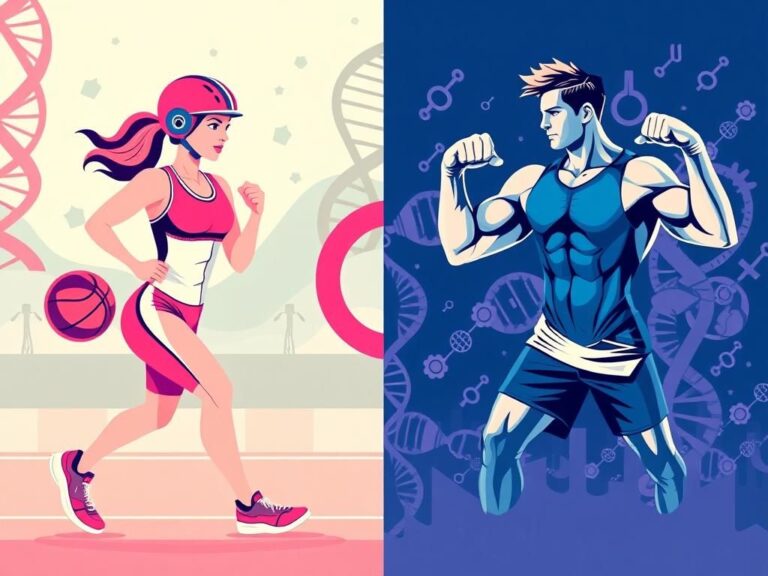 Flick International Split image showing a female athlete in competitive gear on the left and a male athlete with sports equipment on the right, symbolizing gender differences in sports.