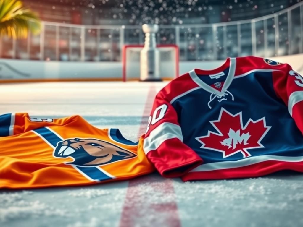 Flick International A frozen hockey rink displaying Florida Panthers and classic Canadian team jerseys contrasting warm and cool colors.