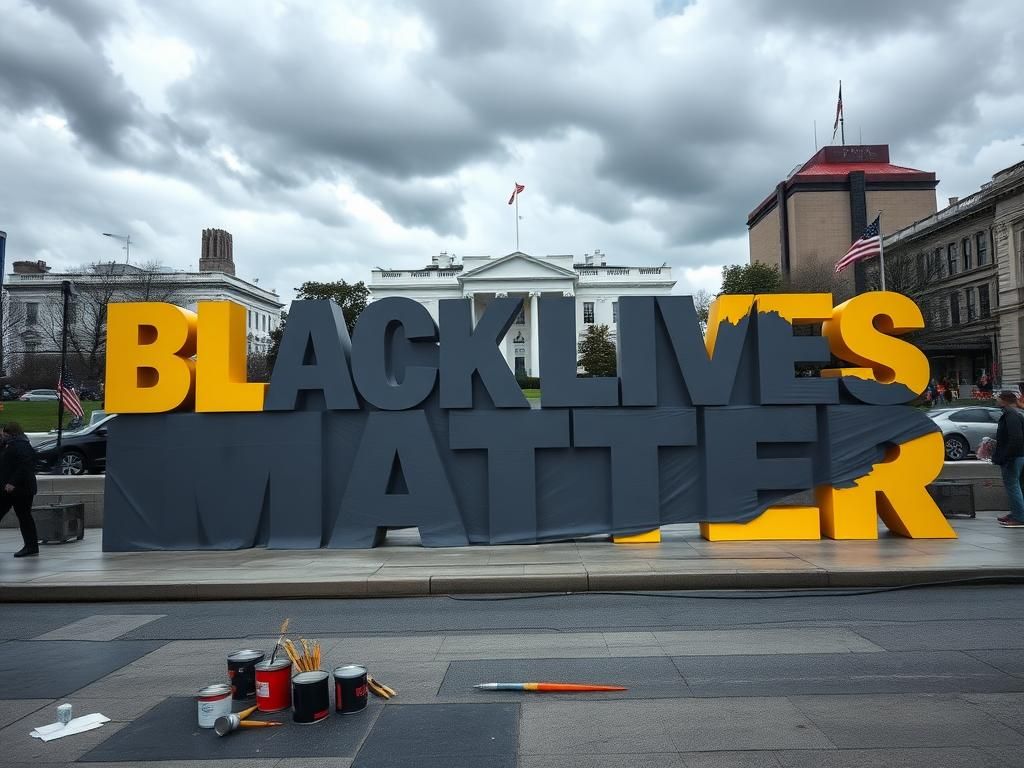 Flick International Street view of Black Lives Matter Plaza with yellow letters and urban landscape