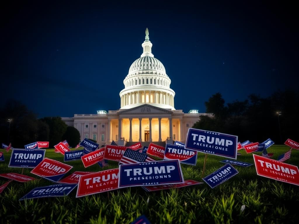 Flick International Dramatic view of the U.S. Capitol illuminated at night with campaign signs in the foreground