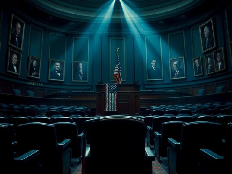 Flick International Empty congressional chamber with a podium and American flag symbolizing political tension