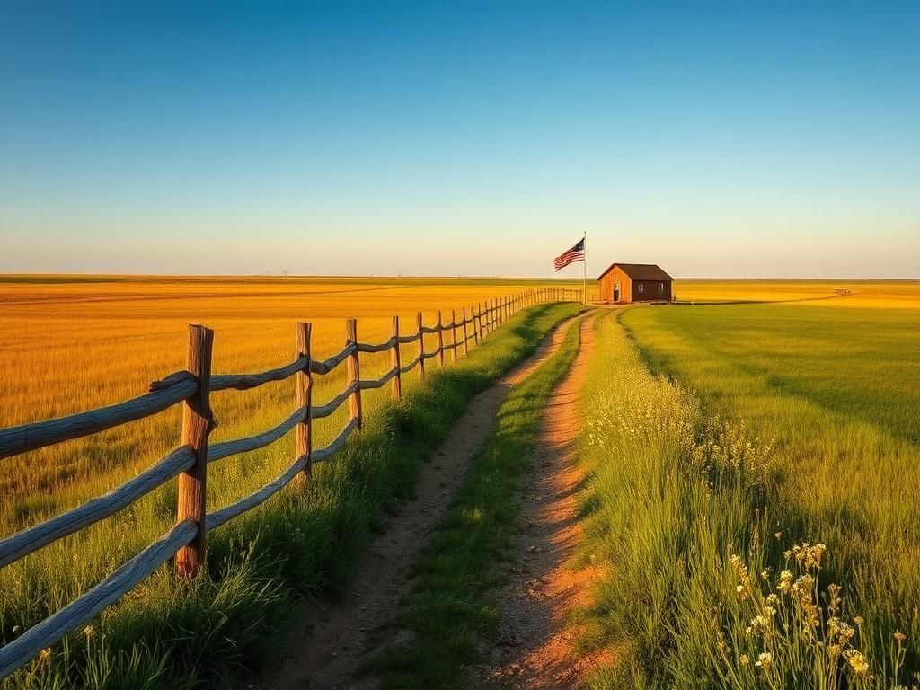 Flick International A serene landscape of rural South Dakota featuring a wooden fence and sheriff's office