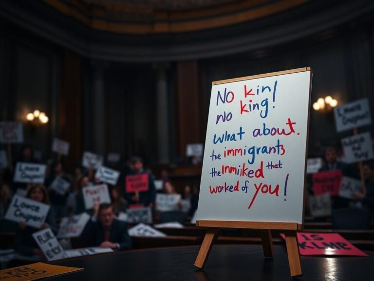 Flick International Empty miniature whiteboard with handwritten messages 'No king!' and 'What about the immigrants that worked for you?' showcased in a political protest setting