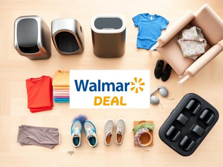 Flick International Vibrant flat lay of household goods from Walmart's flash deals including a litter box, air purifier, running shoes, and yoga pants