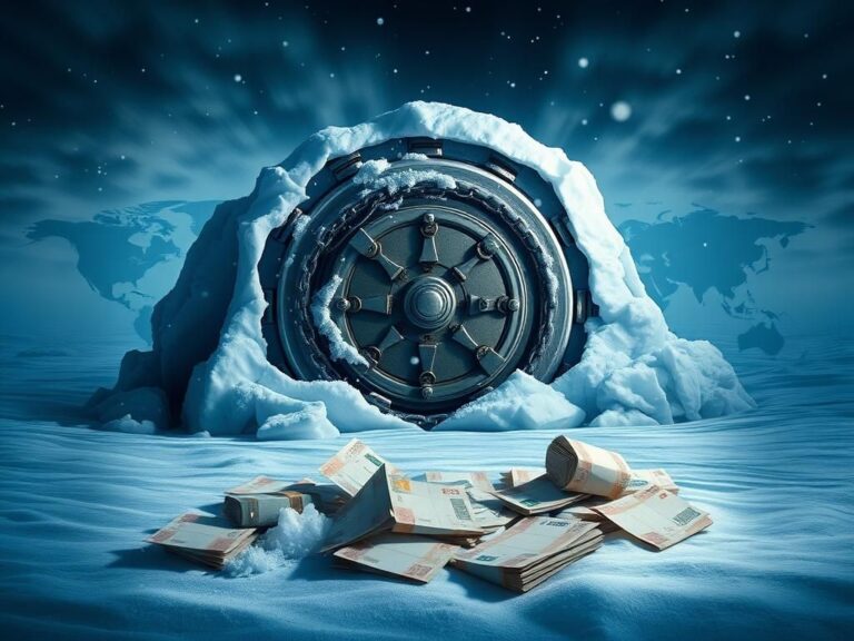 Flick International A frozen bank vault surrounded by ice, symbolizing nearly $2 billion in halted USAID payments