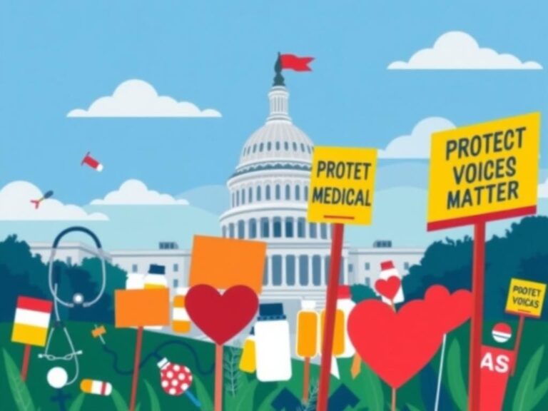 Flick International A vibrant collage illustrating healthcare symbols and political activism with the U.S. Capitol building in the background