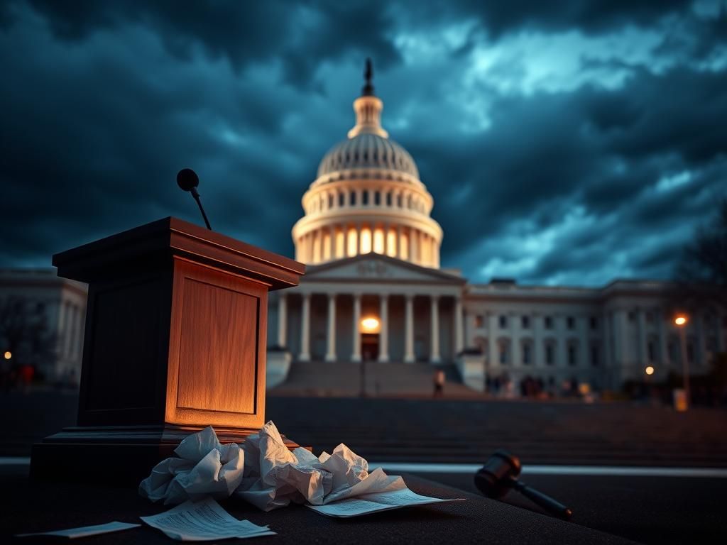 Flick International Dramatic view of the U.S. Capitol building at dusk with stormy sky, symbolizing political turmoil