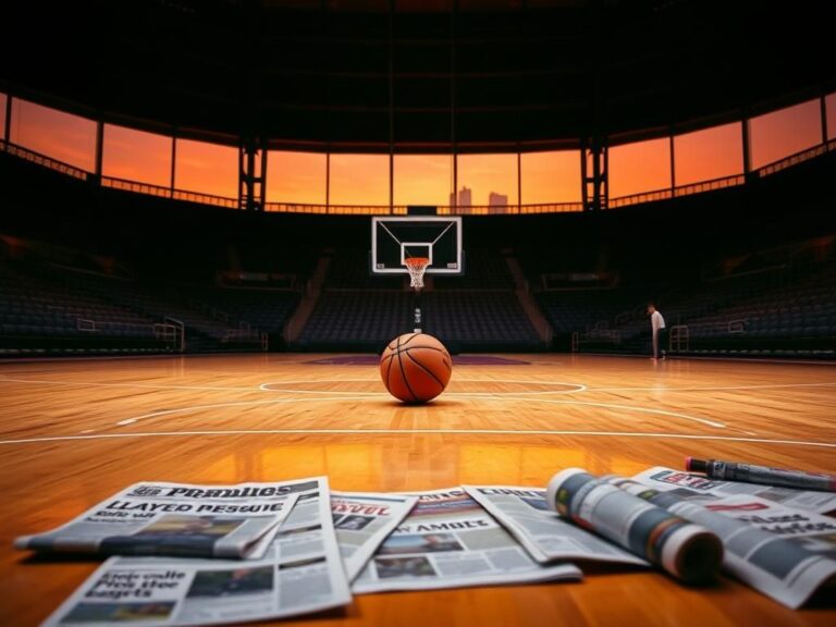 Flick International A basketball court half-lit by a warm sunset with a lone basketball near the free-throw line