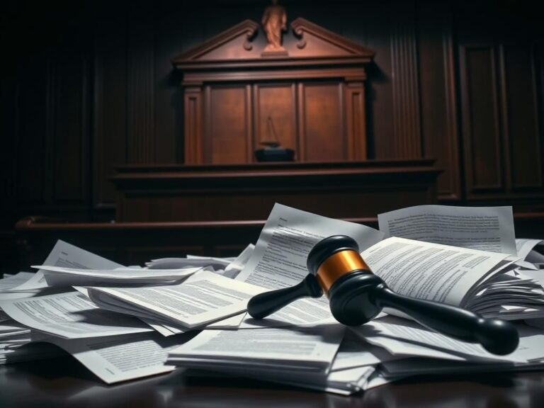 Flick International Chaotic courtroom scene with scattered legal documents and a gavel