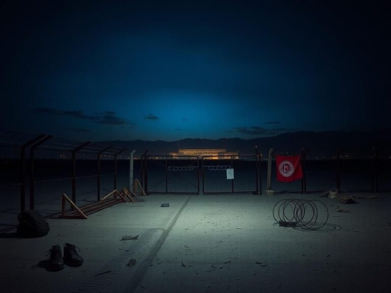 Flick International Twilight view of the Abbey Gate area at Hamid Karzai International Airport, showcasing a desolate checkpoint and military remnants.