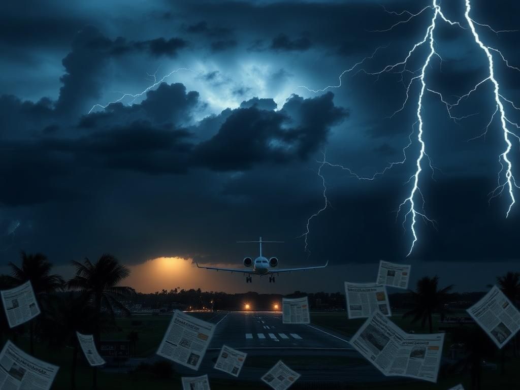 Flick International Silhouette of a private jet descending towards an airport runway with a stormy Florida skyline in the background