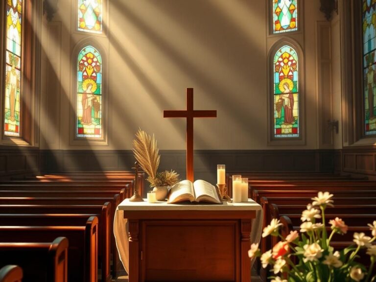 Flick International Serene sunlit church interior during Lent with stained glass windows and altar