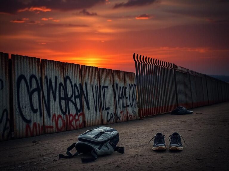 Flick International Rusted border wall with graffiti symbolizing immigration tensions