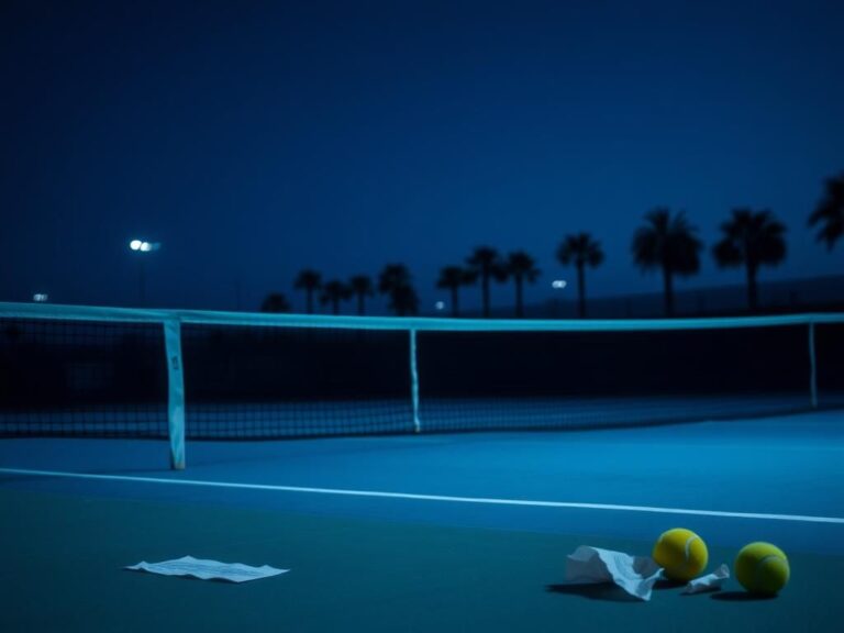 Flick International Dramatic tennis court scene at dusk with empty court and palm trees