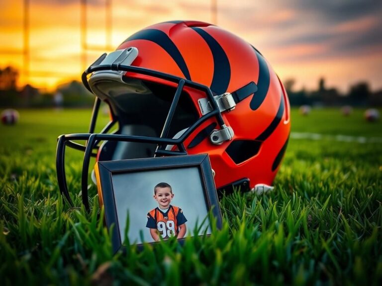 Flick International Close-up of a Cincinnati Bengals helmet on a football field at dusk