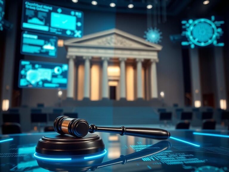 Flick International Futuristic courtroom with gavel and digital technologies