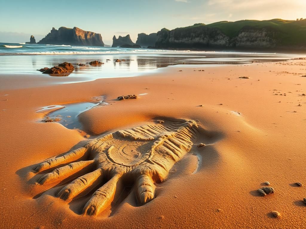 Flick International Massive dinosaur footprint partially submerged in sand at dawn