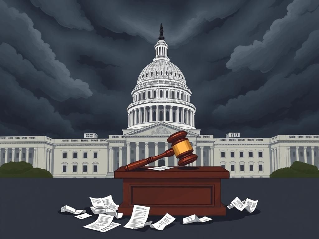 Flick International Illustration of the U.S. Capitol building under a stormy sky with a gavel on a podium