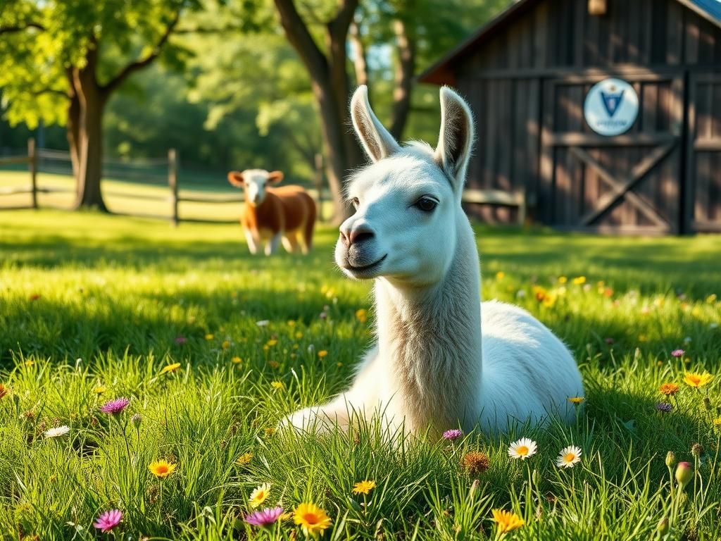 Flick International Whitetop the 27-year-old llama resting in a lush green field at Victory Junction camp